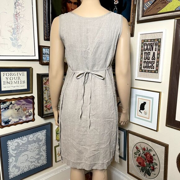 Beige Linen Tie Side Scoop Neck Sleeveless Maxi Apron Dress with Pockets OSFM - Picture 3 of 6